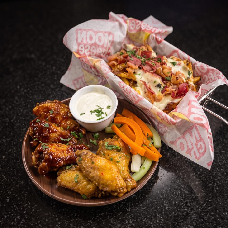 Assorted sauced chicken wings with vegetables, dipping sauce, and loaded cheese fries served on a dark tabletop.