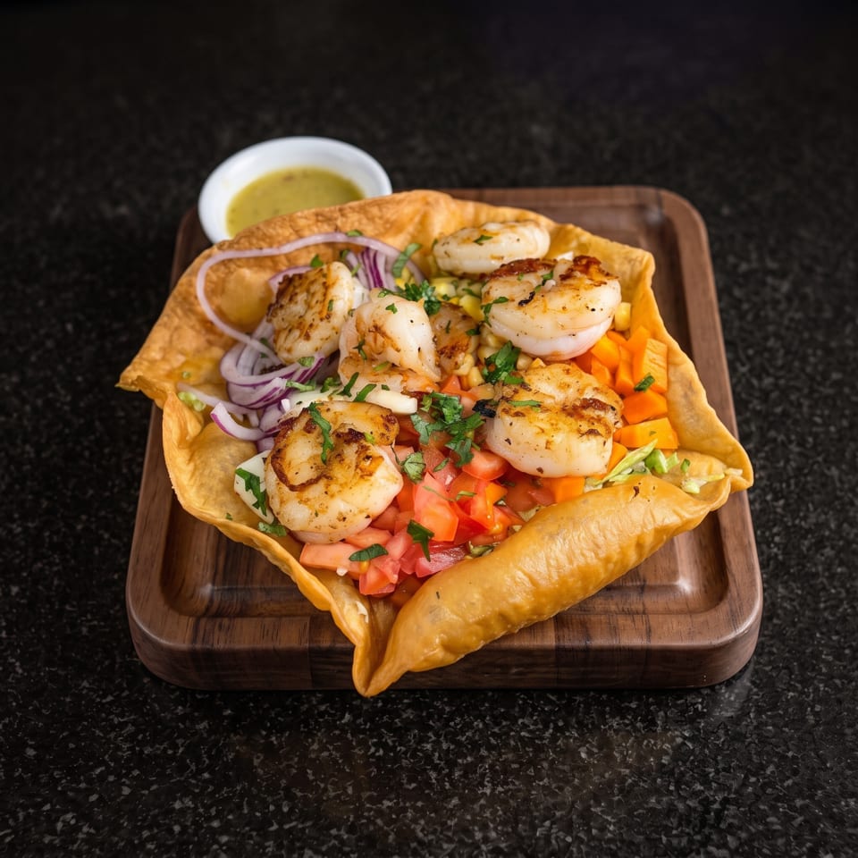 Crispy tortilla bowl filled with grilled scallops, chopped tomatoes, carrots, onions, herbs, and dipping sauce on a wooden tray.