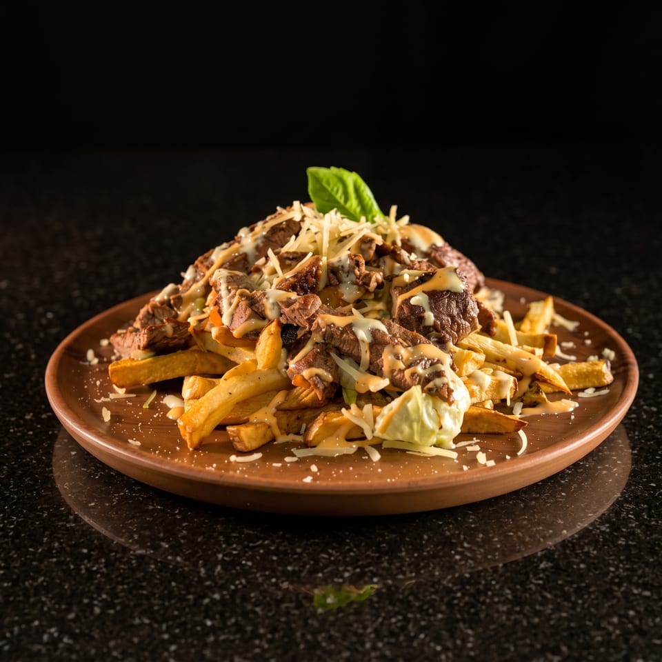 Loaded fries topped with sliced steak, melted cheese, shredded cheese, lettuce, and a basil leaf on a brown plate.