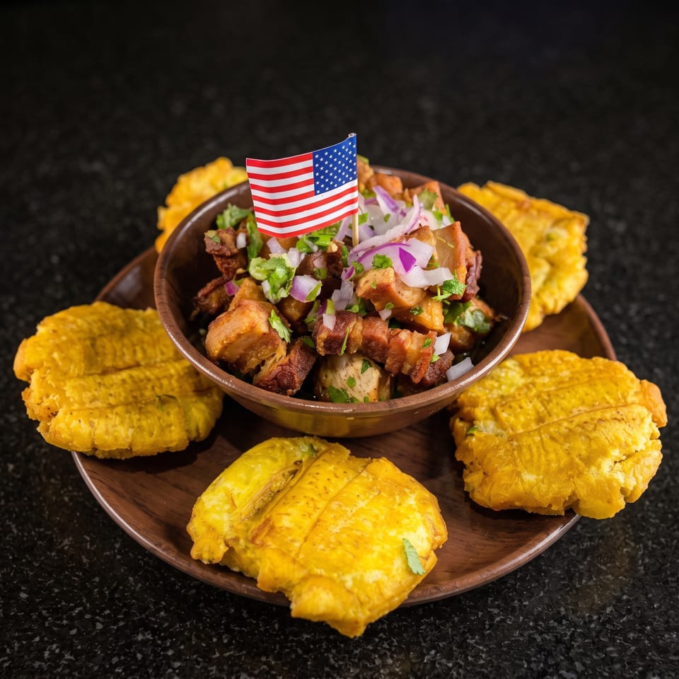 Bowl of crispy seasoned bites topped with cilantro and onions, surrounded by golden fried plantains and an American flag pick.
