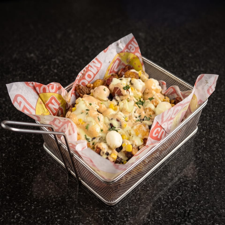 Loaded basket of cheesy loaded fries topped with corn, herbs, and assorted toppings on a dark restaurant table.