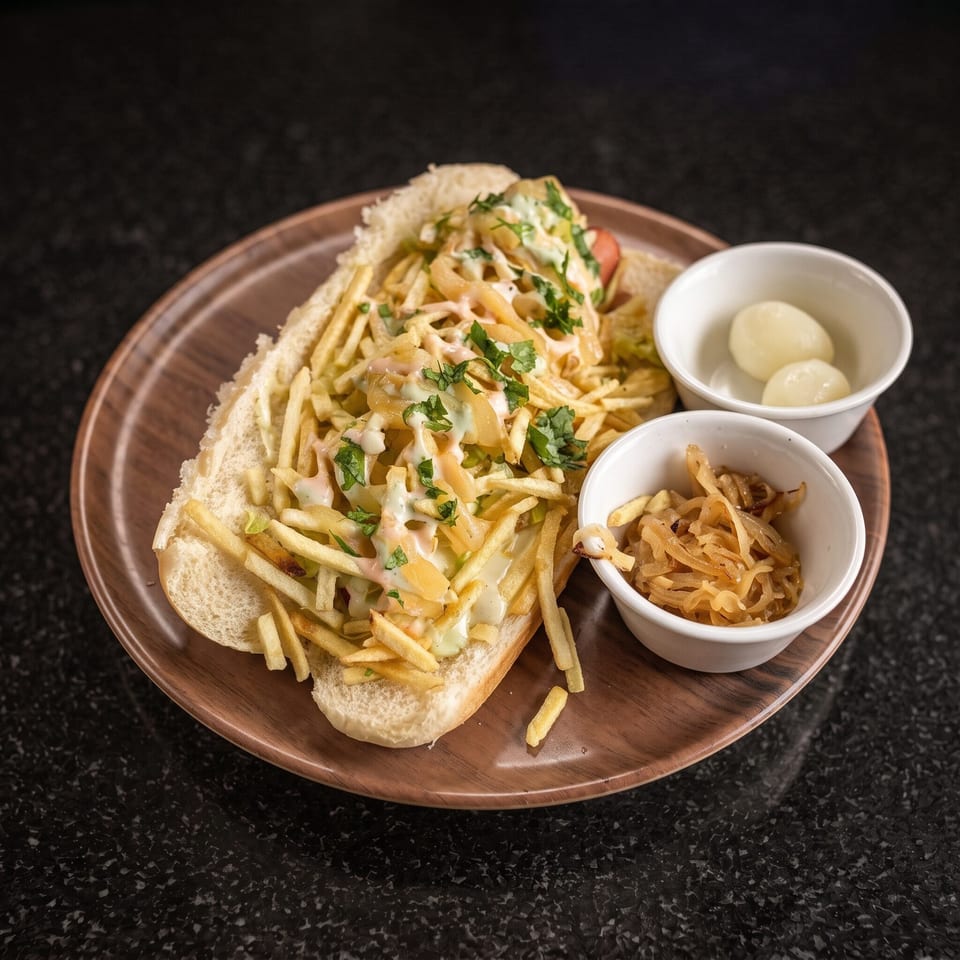Loaded fries with creamy sauce and herbs served over bread, accompanied by pickled vegetables and boiled eggs.