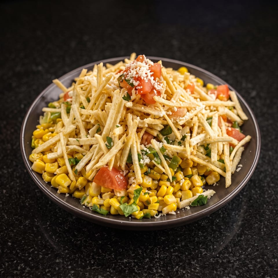 Loaded plate of crispy fries topped with corn, diced tomatoes, green peppers, herbs, and crumbled white cheese.