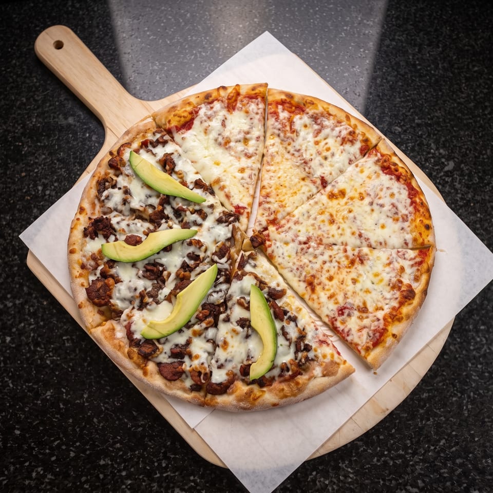 Sliced cheese pizza topped with browned meat and avocado slices on a wooden serving board.