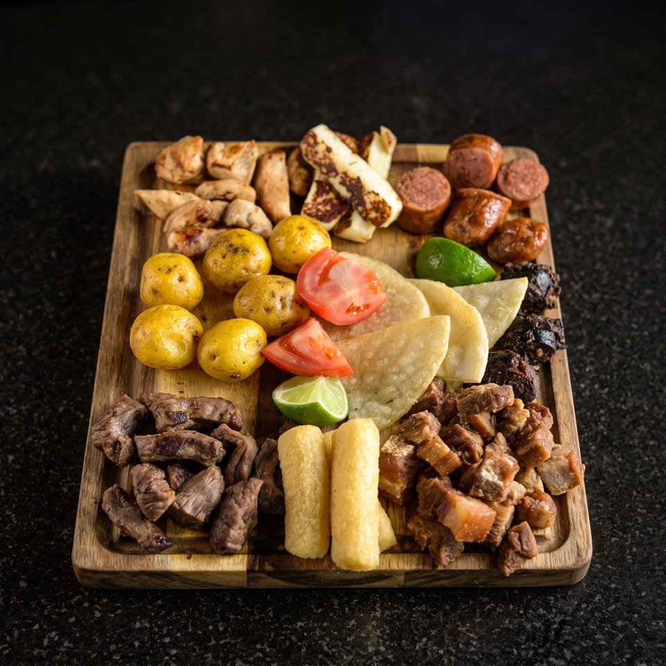 Wooden platter of assorted grilled meats, sausages, pastries, potatoes, tomatoes, lime, and peppers on a dark countertop.